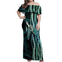 Hawaiian Honu Personalized Off Shoulder Maxi Dress Dark Cyan Maile Pikake Flower Lei Inspired