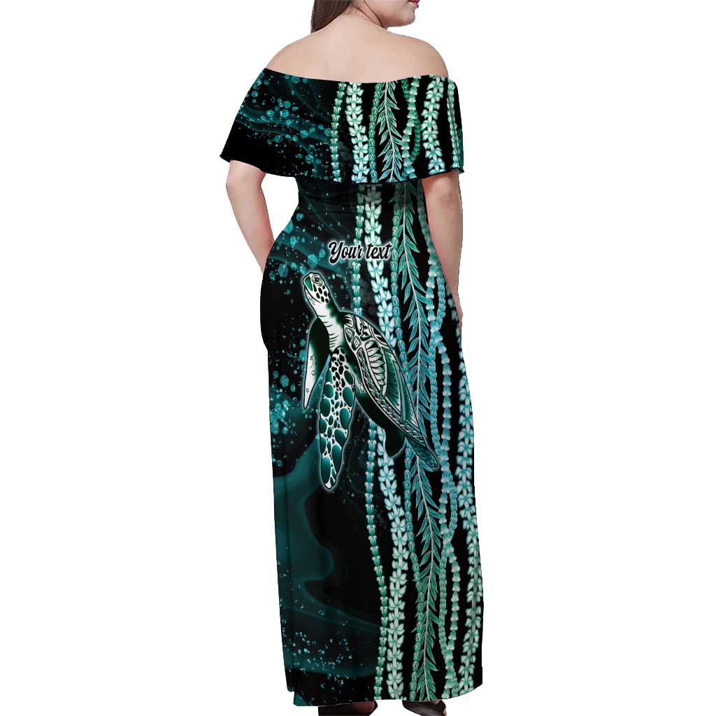 Hawaiian Honu Personalized Off Shoulder Maxi Dress Dark Cyan Maile Pikake Flower Lei Inspired