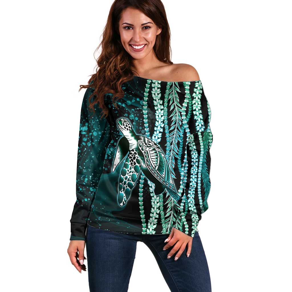 Hawaiian Honu Personalized Off Shoulder Sweater Dark Cyan Maile Pikake Flower Lei Inspired
