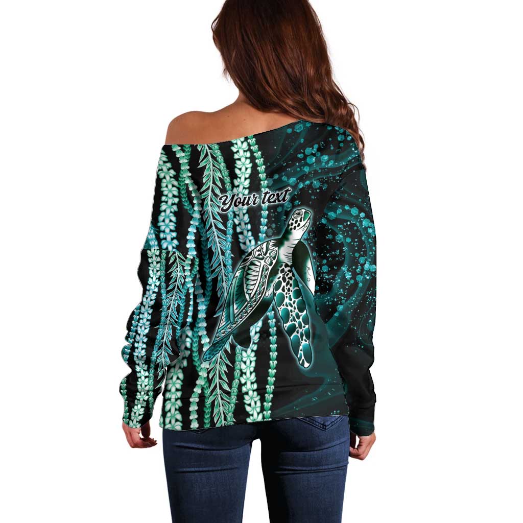 Hawaiian Honu Personalized Off Shoulder Sweater Dark Cyan Maile Pikake Flower Lei Inspired
