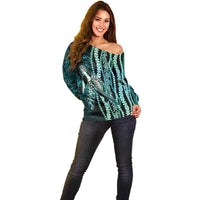 Hawaiian Honu Personalized Off Shoulder Sweater Dark Cyan Maile Pikake Flower Lei Inspired