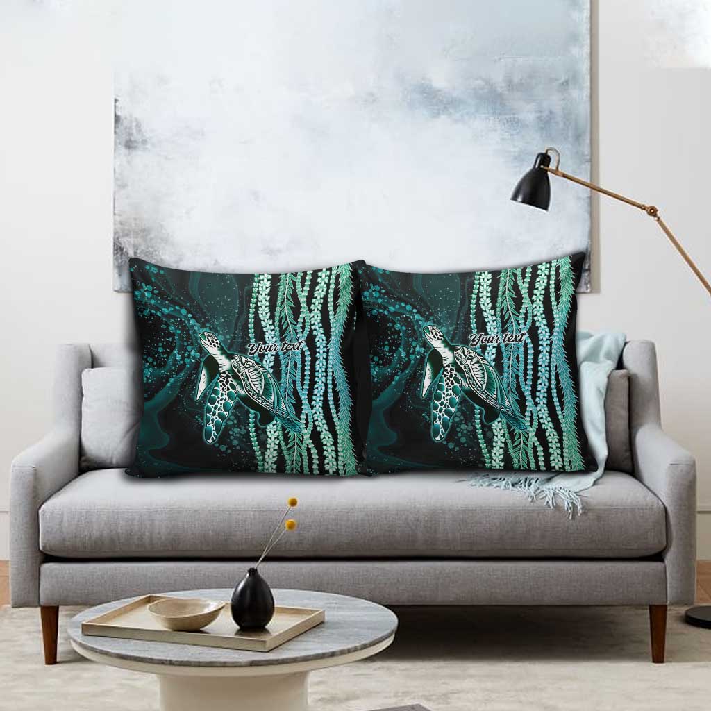 Hawaiian Honu Personalized Pillow Cover Dark Cyan Maile Pikake Flower Lei Inspired