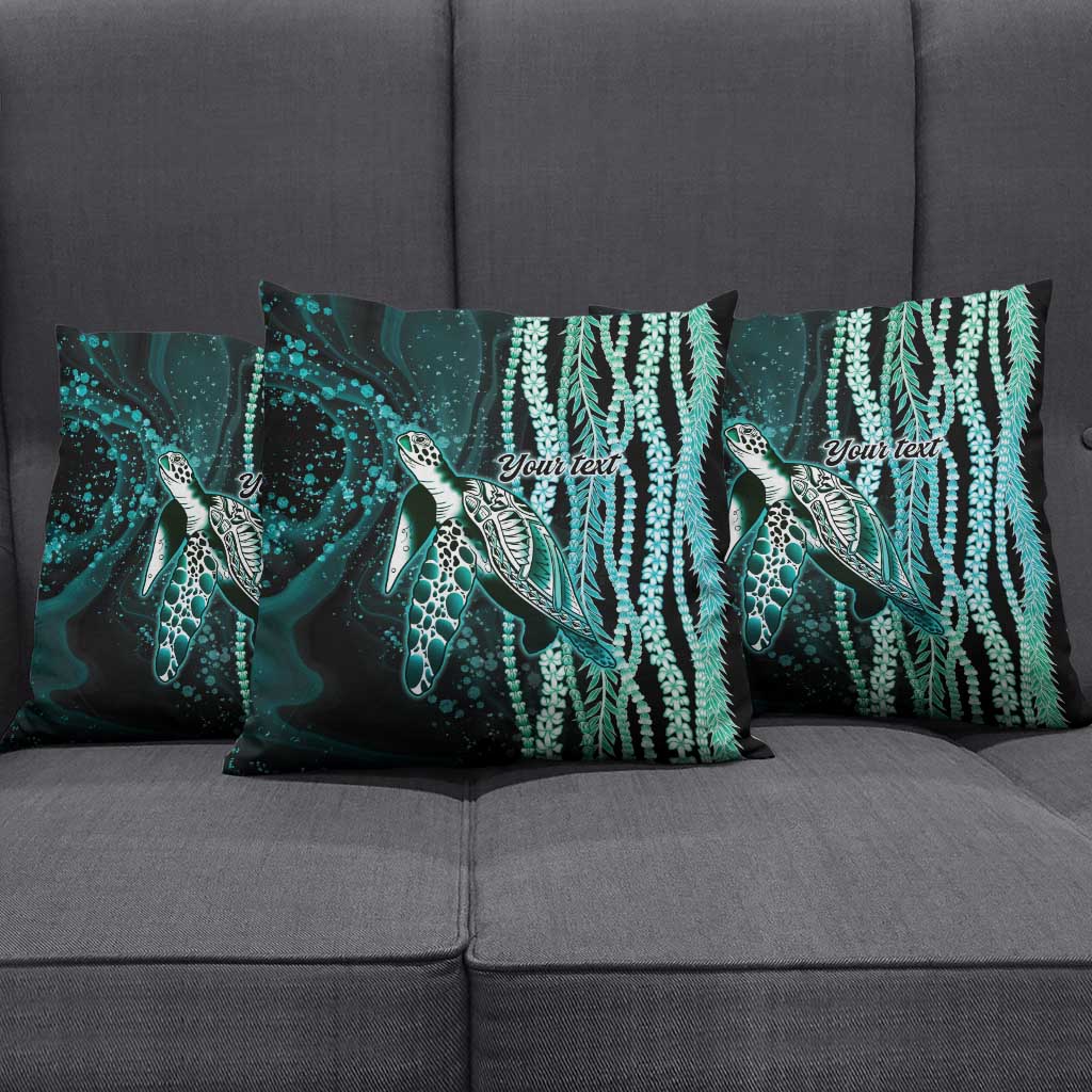 Hawaiian Honu Personalized Pillow Cover Dark Cyan Maile Pikake Flower Lei Inspired