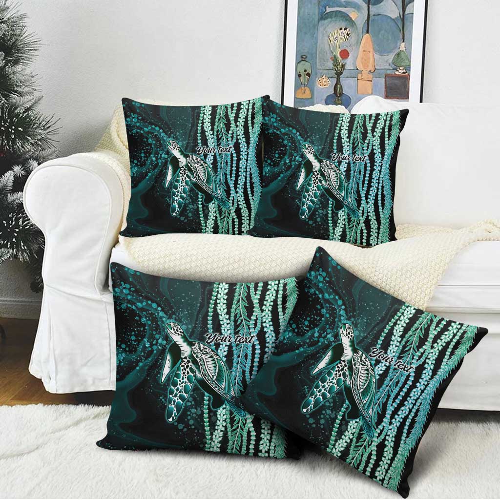 Hawaiian Honu Personalized Pillow Cover Dark Cyan Maile Pikake Flower Lei Inspired