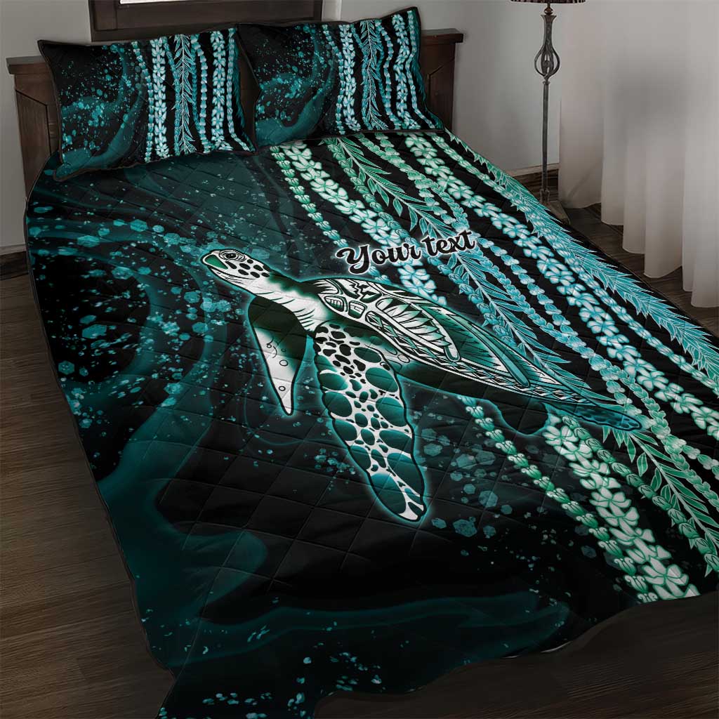 Hawaiian Honu Personalized Quilt Bed Set Dark Cyan Maile Pikake Flower Lei Inspired