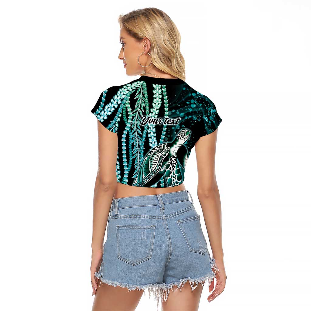 Hawaiian Honu Personalized Raglan Cropped T Shirt Dark Cyan Maile Pikake Flower Lei Inspired