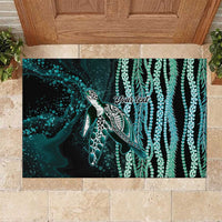 Hawaiian Honu Personalized Rubber Doormat Dark Cyan Maile Pikake Flower Lei Inspired