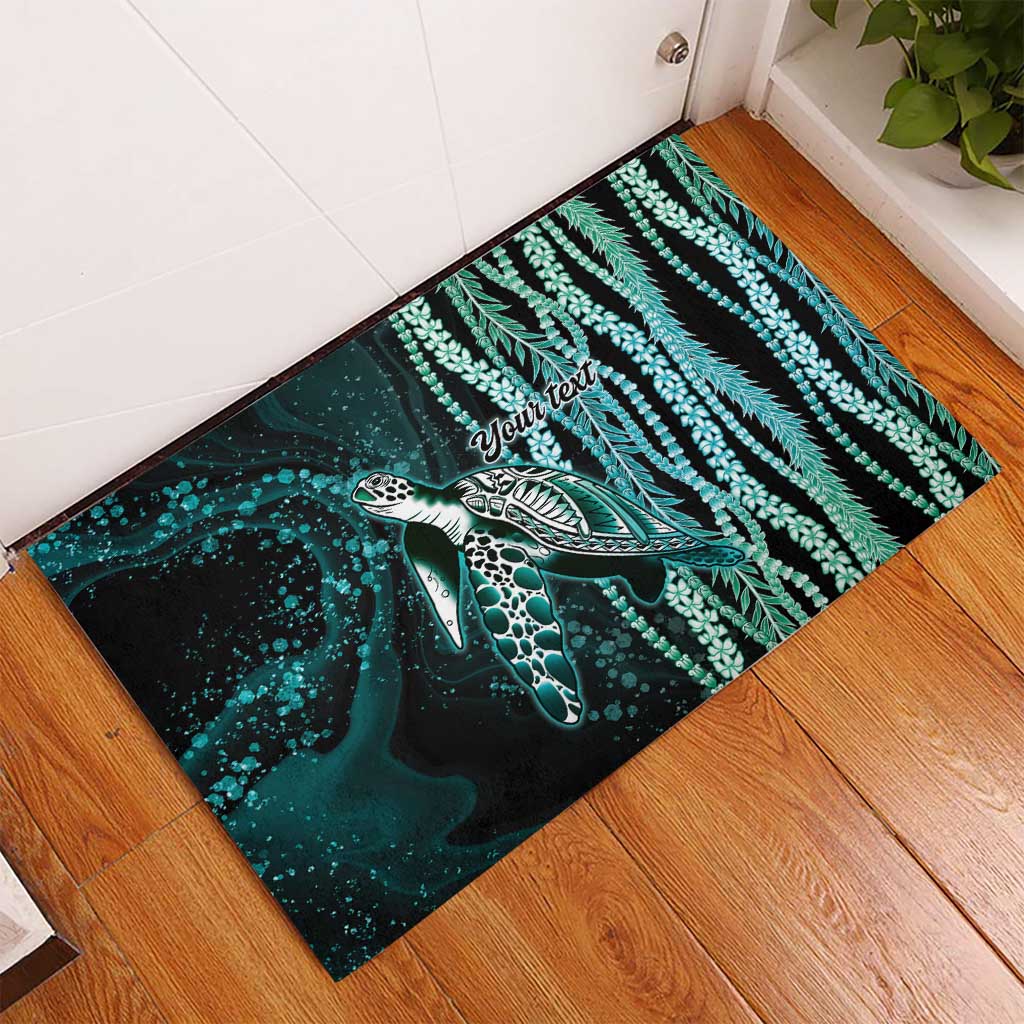 Hawaiian Honu Personalized Rubber Doormat Dark Cyan Maile Pikake Flower Lei Inspired