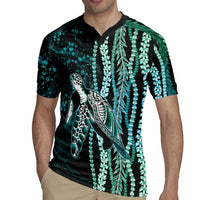Hawaiian Honu Personalized Rugby Jersey Dark Cyan Maile Pikake Flower Lei Inspired