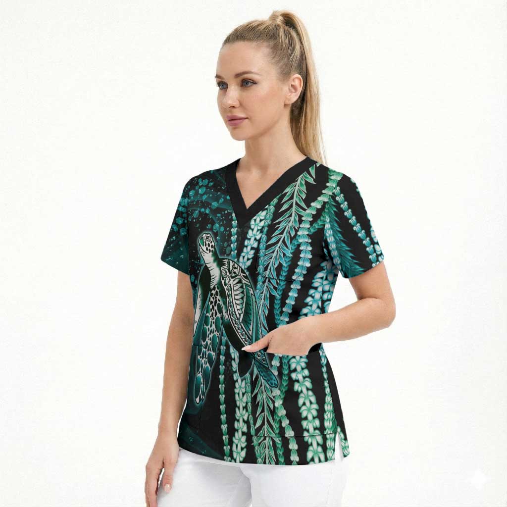 Hawaiian Honu Personalized Scrub Top Dark Cyan Maile Pikake Flower Lei Inspired