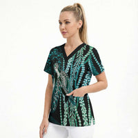 Hawaiian Honu Personalized Scrub Top Dark Cyan Maile Pikake Flower Lei Inspired