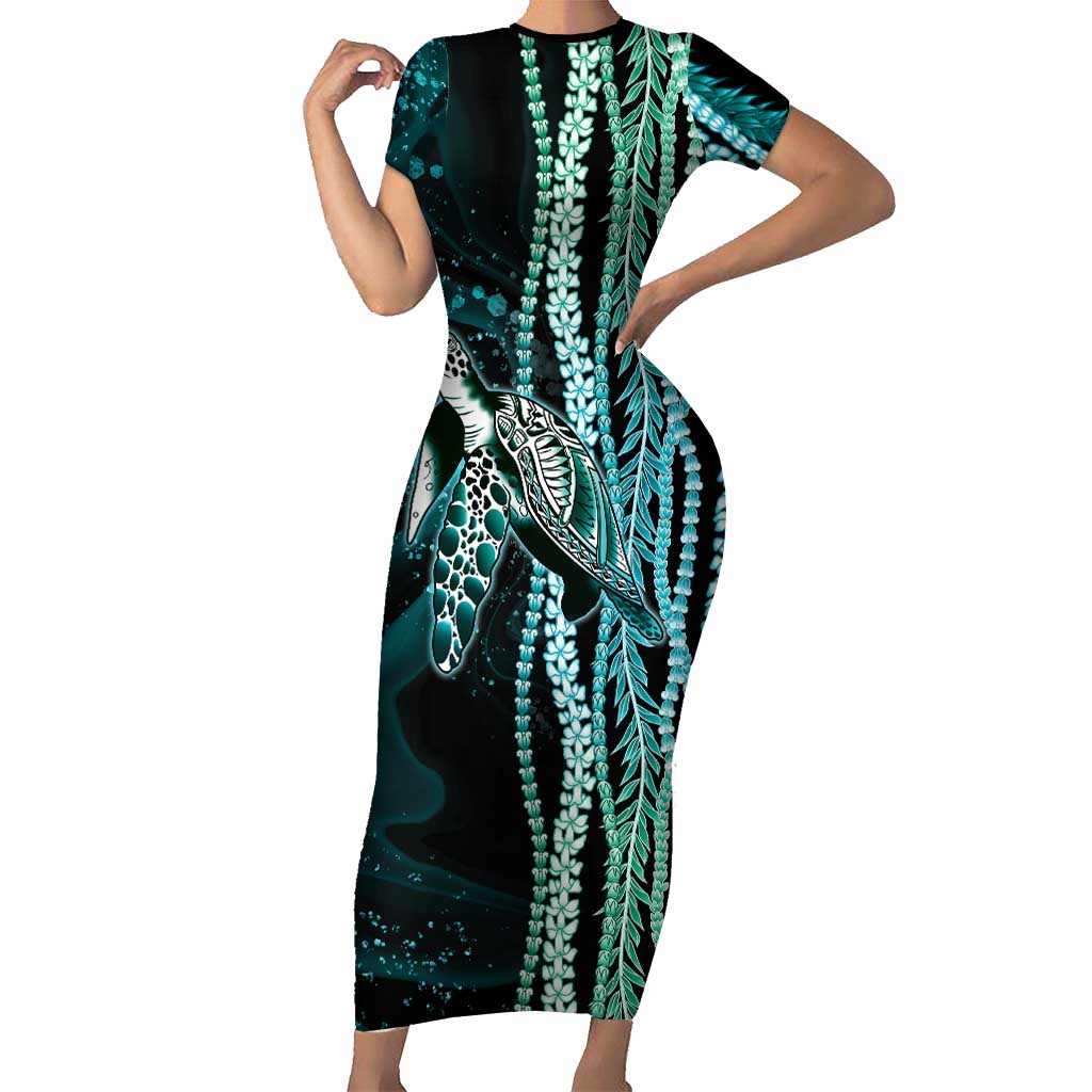 Hawaiian Honu Personalized Short Sleeve Bodycon Dress Dark Cyan Maile Pikake Flower Lei Inspired