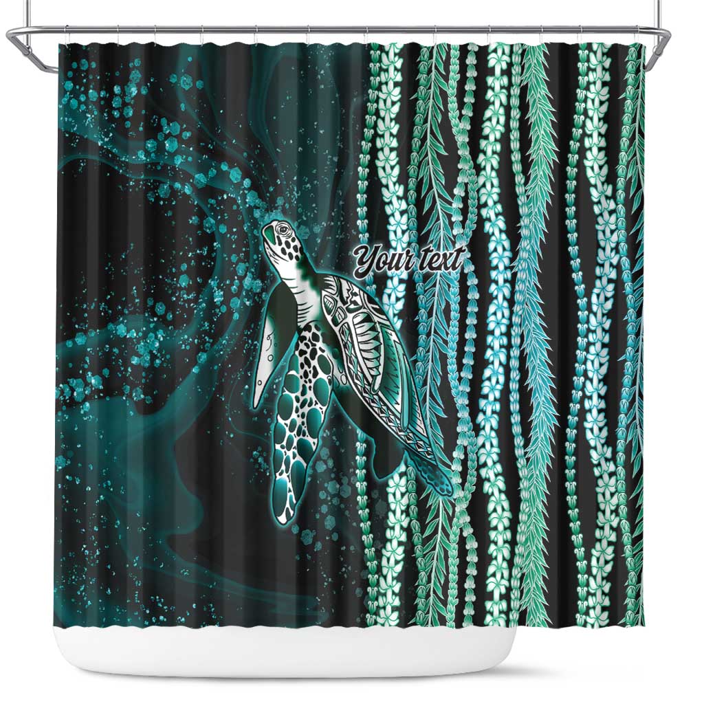 Hawaiian Honu Personalized Shower Curtain Dark Cyan Maile Pikake Flower Lei Inspired