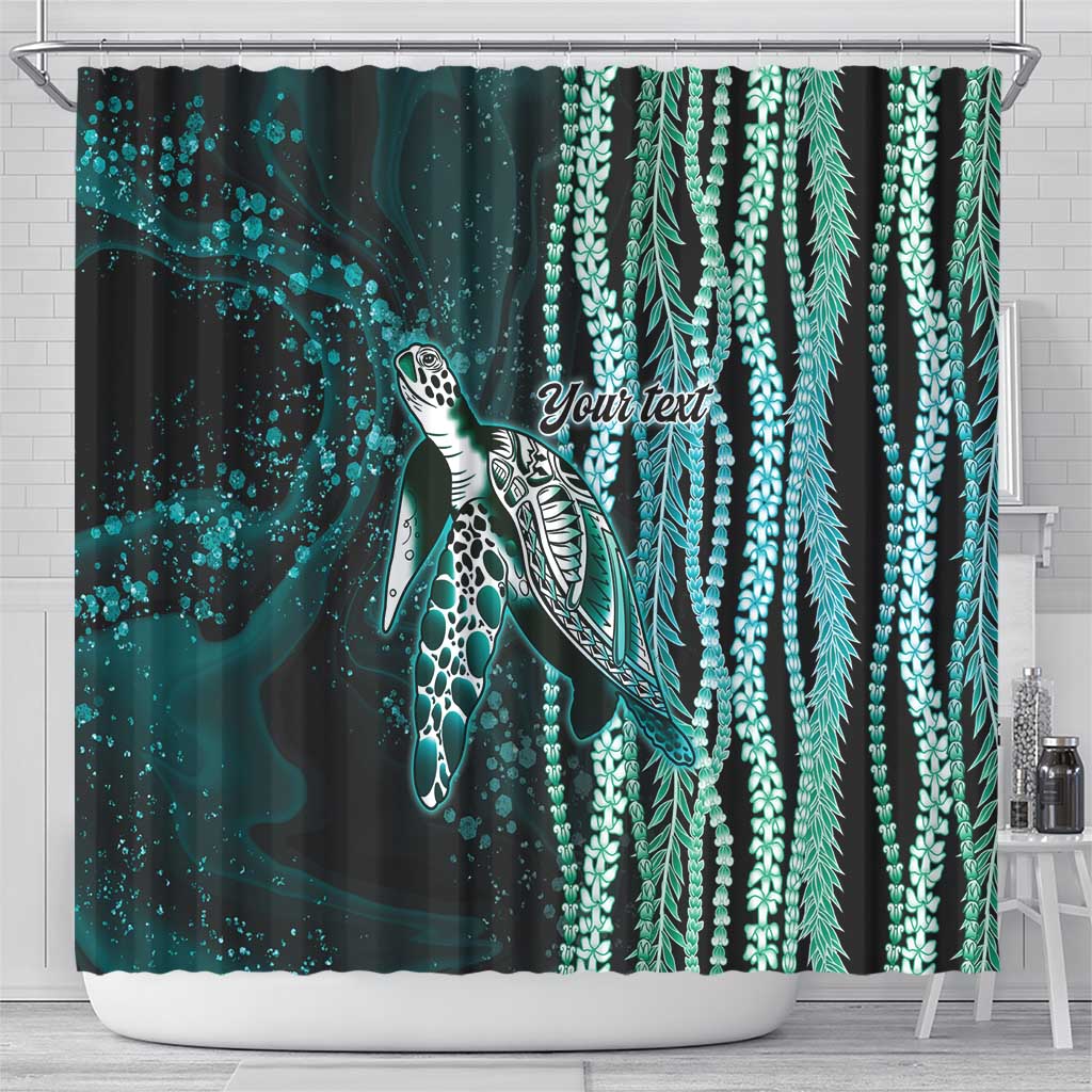 Hawaiian Honu Personalized Shower Curtain Dark Cyan Maile Pikake Flower Lei Inspired