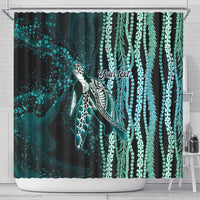 Hawaiian Honu Personalized Shower Curtain Dark Cyan Maile Pikake Flower Lei Inspired