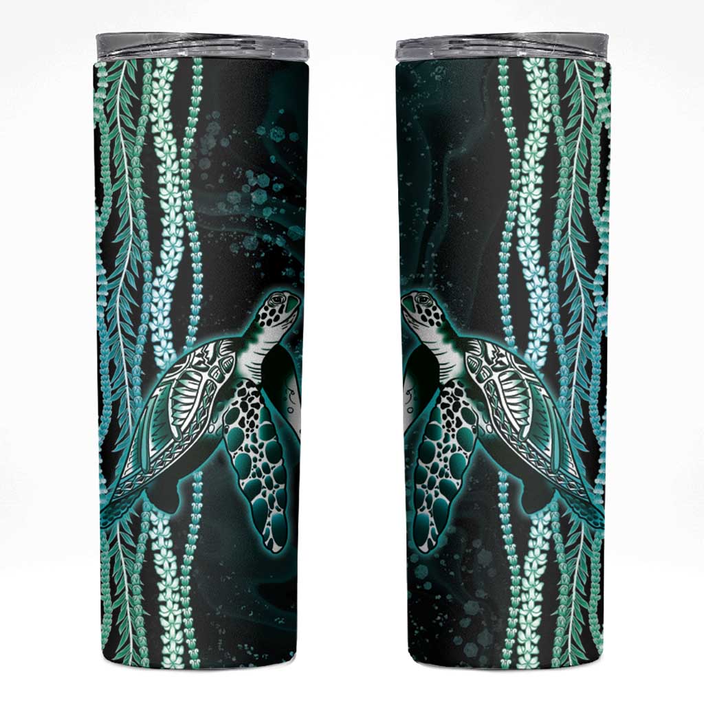 Hawaiian Honu Personalized Skinny Tumbler Dark Cyan Maile Pikake Flower Lei Inspired