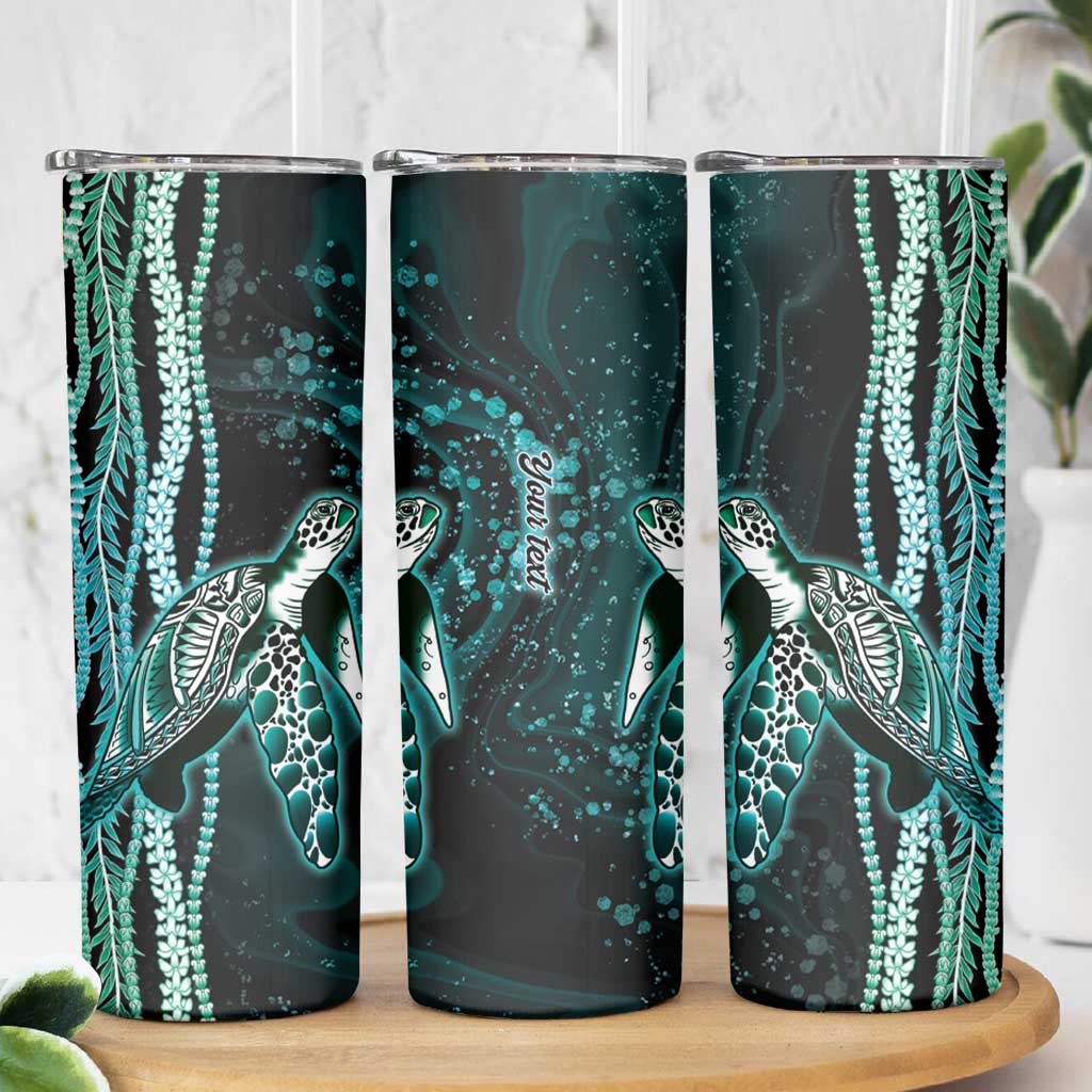 Hawaiian Honu Personalized Skinny Tumbler Dark Cyan Maile Pikake Flower Lei Inspired
