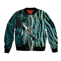 Hawaiian Honu Personalized Sleeve Zip Bomber Jacket Dark Cyan Maile Pikake Flower Lei Inspired