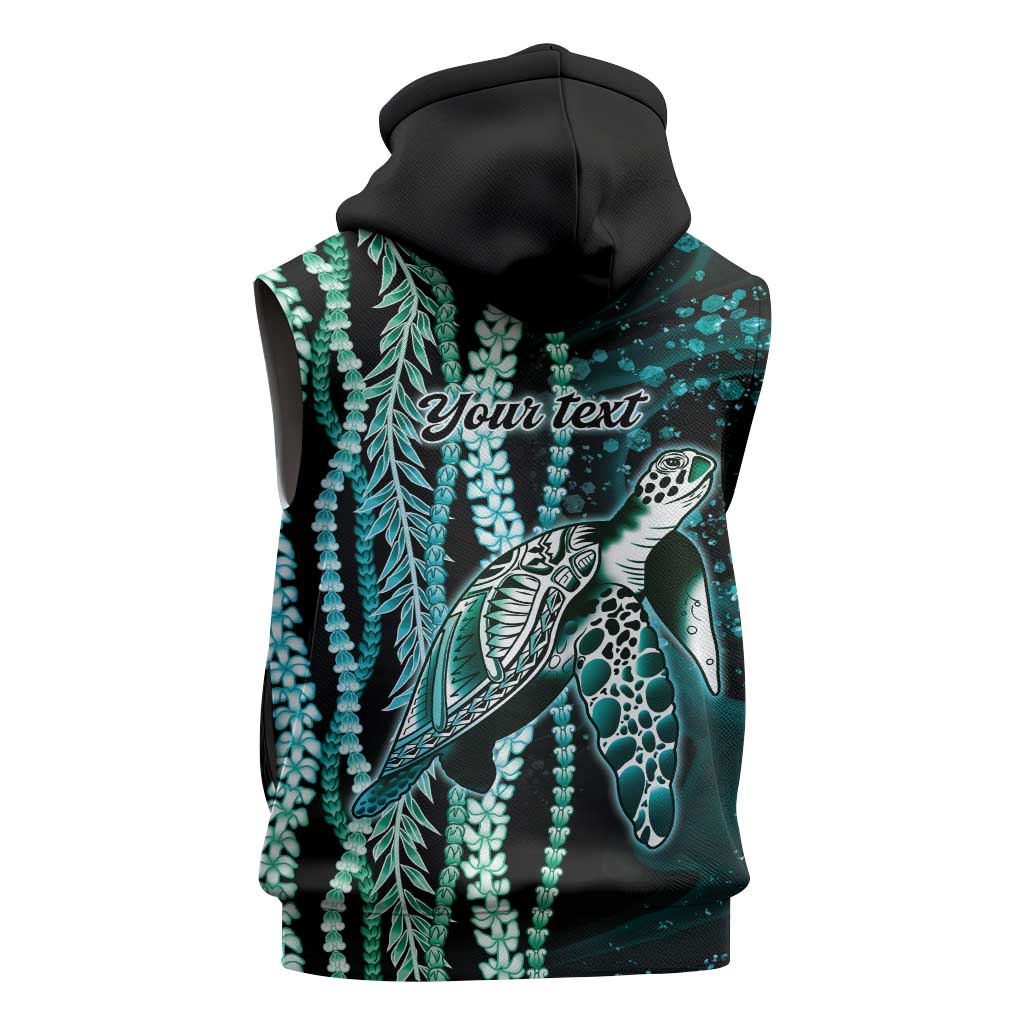 Hawaiian Honu Personalized Sleeveless Hoodie Dark Cyan Maile Pikake Flower Lei Inspired