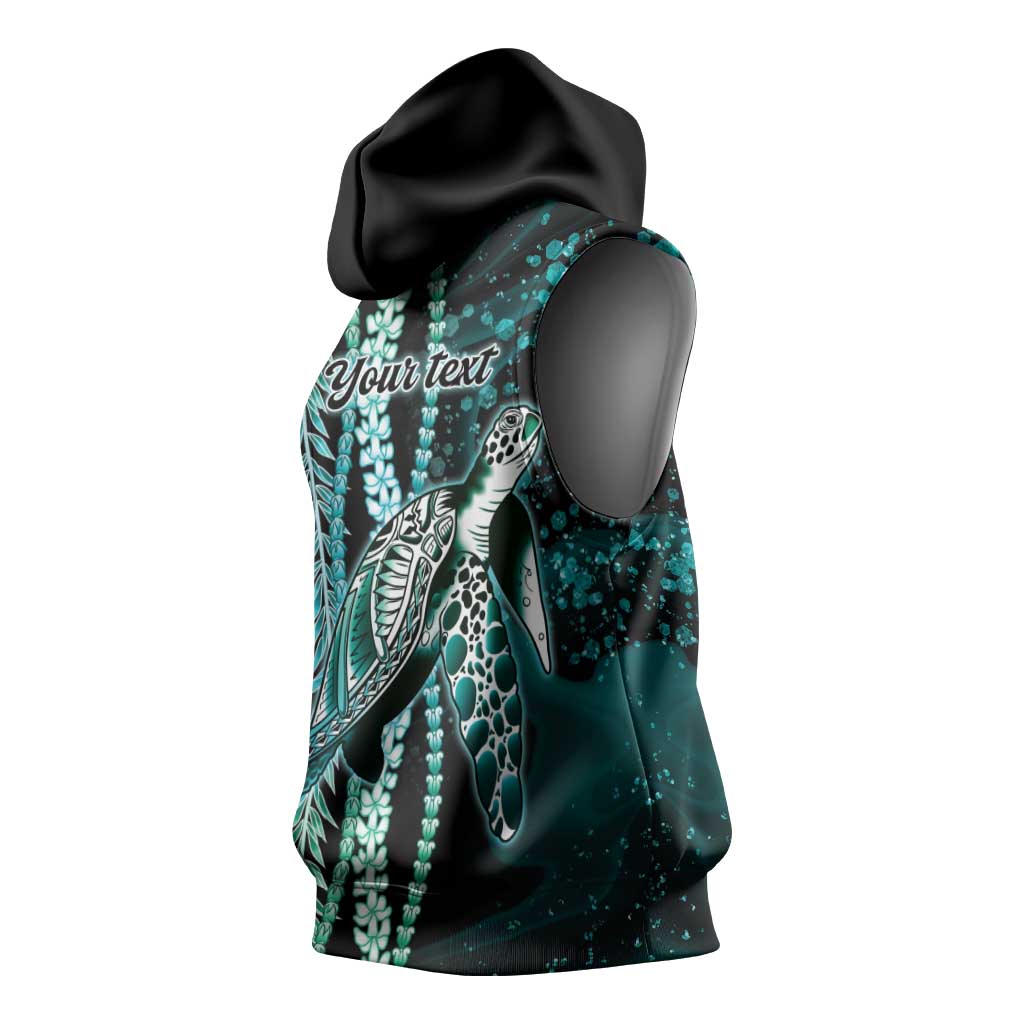 Hawaiian Honu Personalized Sleeveless Hoodie Dark Cyan Maile Pikake Flower Lei Inspired