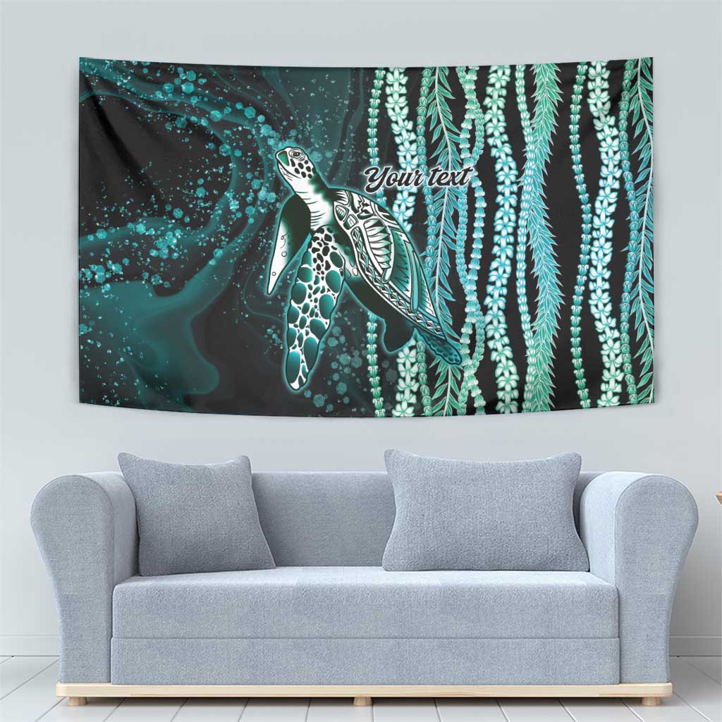 Hawaiian Honu Personalized Tapestry Dark Cyan Maile Pikake Flower Lei Inspired