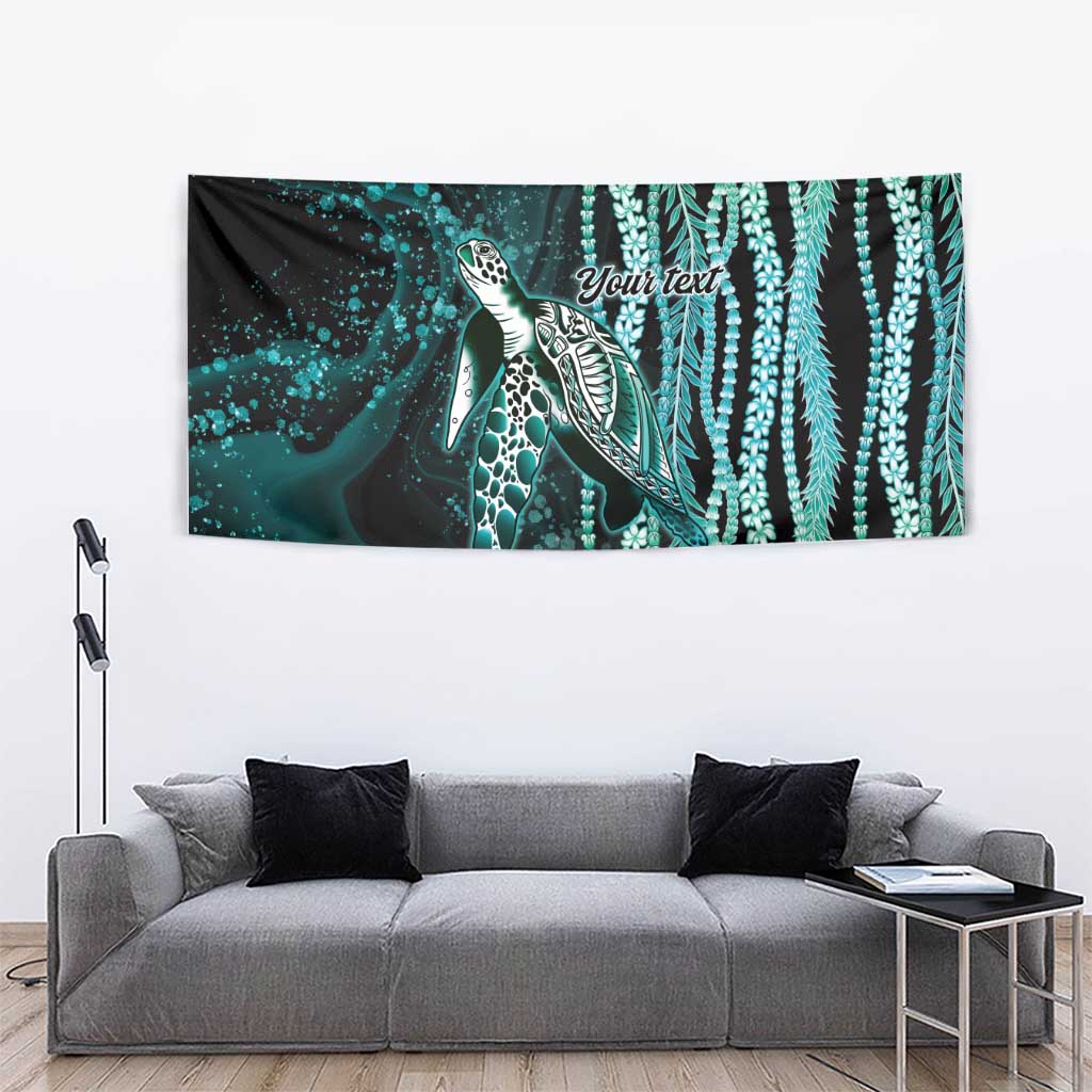 Hawaiian Honu Personalized Tapestry Dark Cyan Maile Pikake Flower Lei Inspired