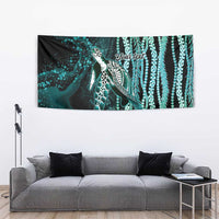 Hawaiian Honu Personalized Tapestry Dark Cyan Maile Pikake Flower Lei Inspired
