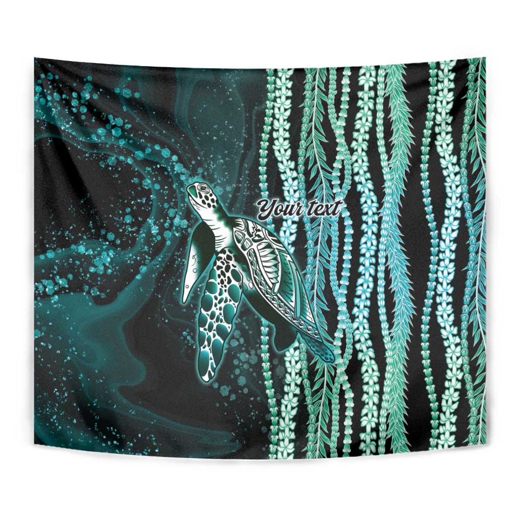 Hawaiian Honu Personalized Tapestry Dark Cyan Maile Pikake Flower Lei Inspired