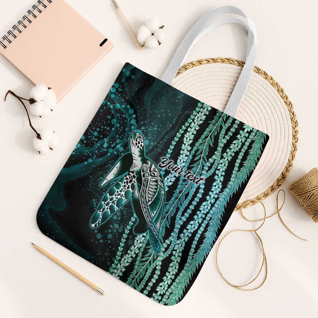Hawaiian Honu Personalized Tote Bag Dark Cyan Maile Pikake Flower Lei Inspired