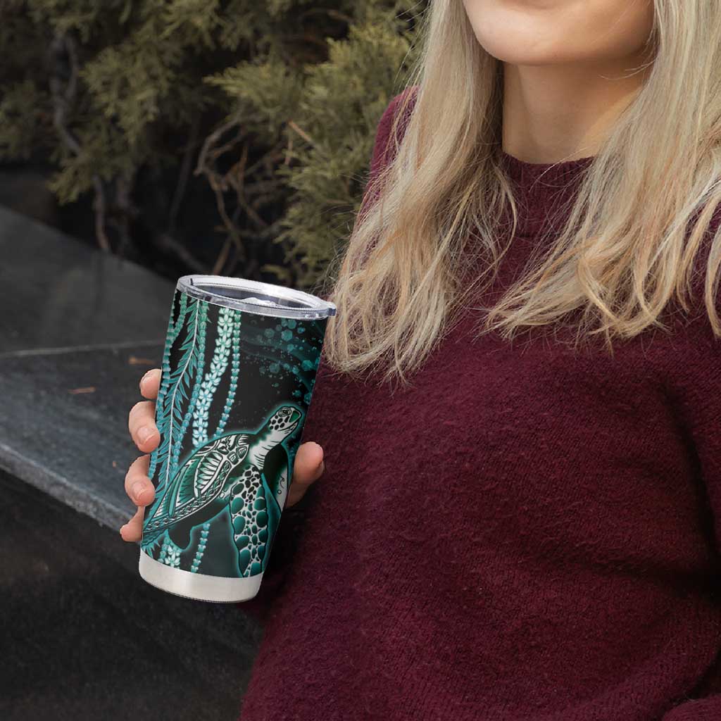 Hawaiian Honu Personalized Tumbler Cup Dark Cyan Maile Pikake Flower Lei Inspired