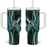 Hawaiian Honu Personalized Tumbler With Handle Dark Cyan Maile Pikake Flower Lei Inspired