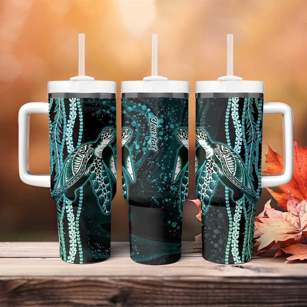 Hawaiian Honu Personalized Tumbler With Handle Dark Cyan Maile Pikake Flower Lei Inspired