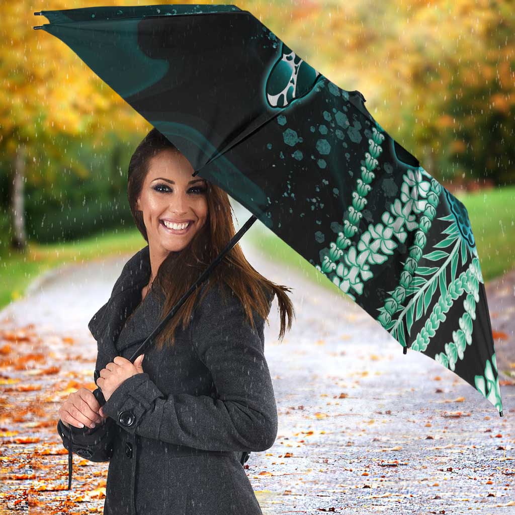 Hawaiian Honu Personalized Umbrella Dark Cyan Maile Pikake Flower Lei Inspired