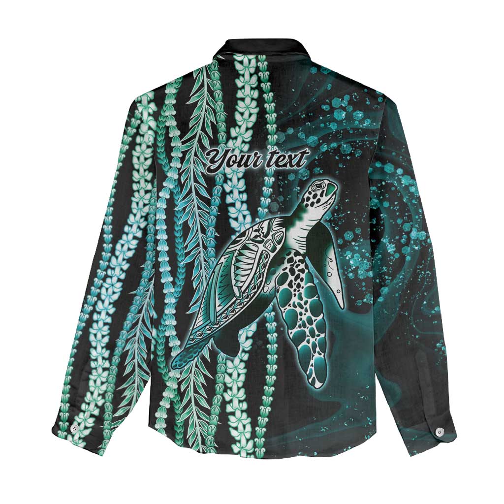 Hawaiian Honu Personalized Women Casual Shirt Dark Cyan Maile Pikake Flower Lei Inspired