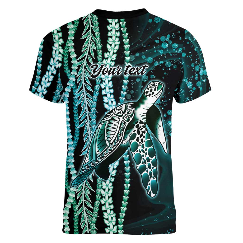 Hawaiian Honu Personalized Women V-Neck T-Shirt Dark Cyan Maile Pikake Flower Lei Inspired