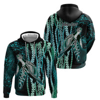 Hawaiian Honu Personalized Zip Hoodie Dark Cyan Maile Pikake Flower Lei Inspired