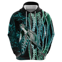 Hawaiian Honu Personalized Zip Hoodie Dark Cyan Maile Pikake Flower Lei Inspired