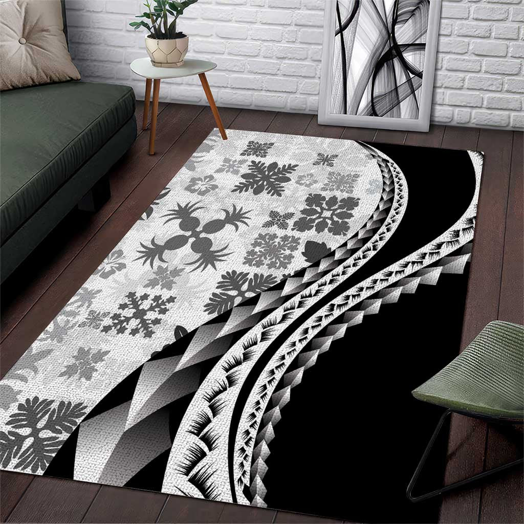 Black Hawaiian Quilt Pattern Area Rug Mixed Polynesian Tribal Arty