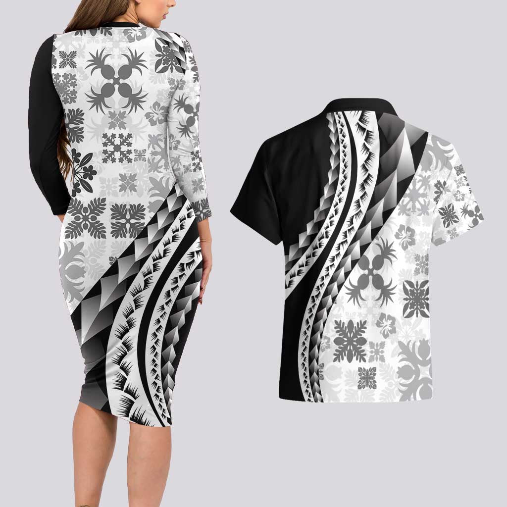 Black Hawaiian Quilt Pattern Couples Matching Long Sleeve Bodycon Dress and Hawaiian Shirt Mixed Polynesian Tribal Arty