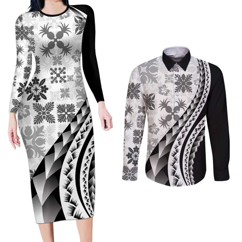 Black Hawaiian Quilt Pattern Couples Matching Long Sleeve Bodycon Dress and Long Sleeve Button Shirt Mixed Polynesian Tribal Arty