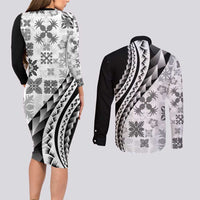 Black Hawaiian Quilt Pattern Couples Matching Long Sleeve Bodycon Dress and Long Sleeve Button Shirt Mixed Polynesian Tribal Arty