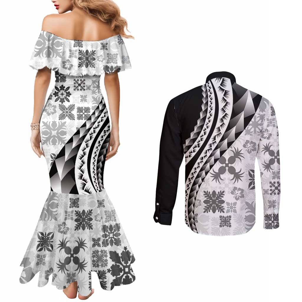 Black Hawaiian Quilt Pattern Couples Matching Mermaid Dress and Long Sleeve Button Shirt Mixed Polynesian Tribal Arty