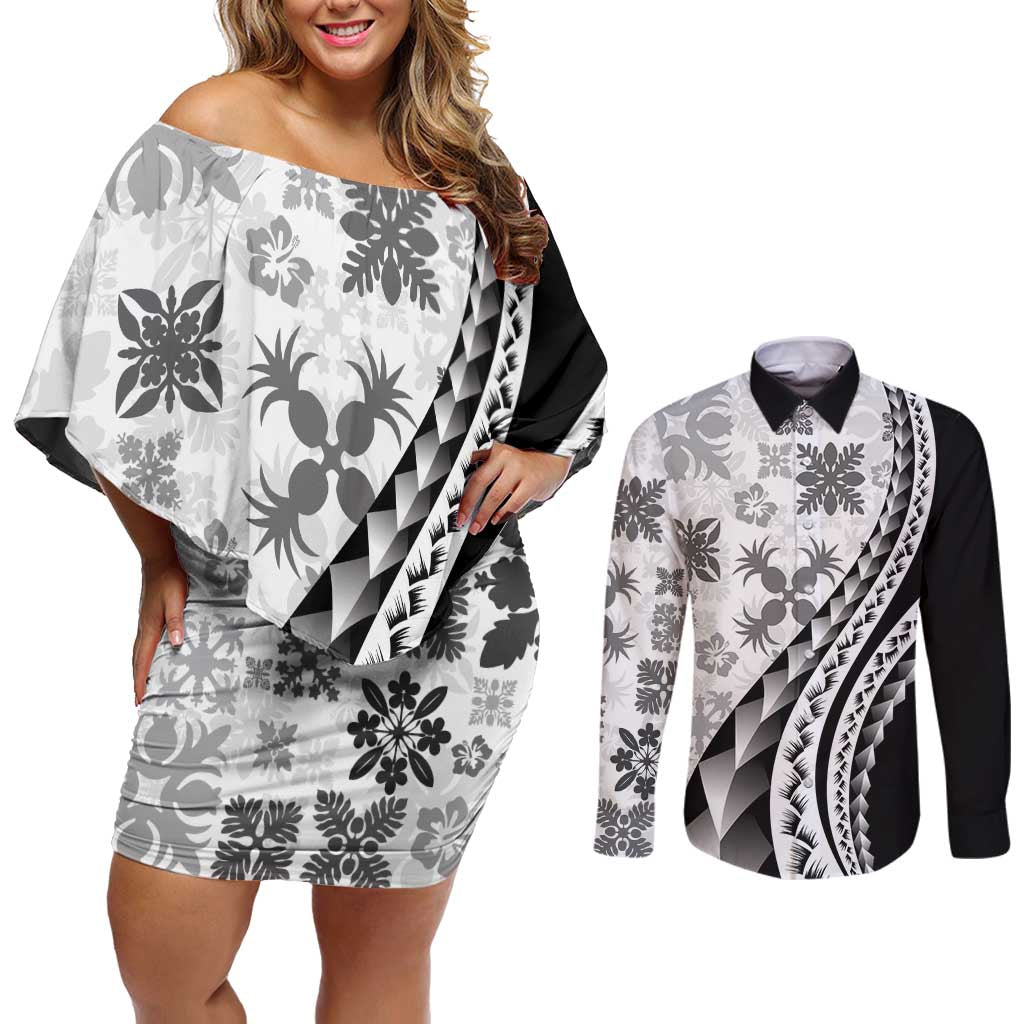 Black Hawaiian Quilt Pattern Couples Matching Off Shoulder Short Dress and Long Sleeve Button Shirt Mixed Polynesian Tribal Arty