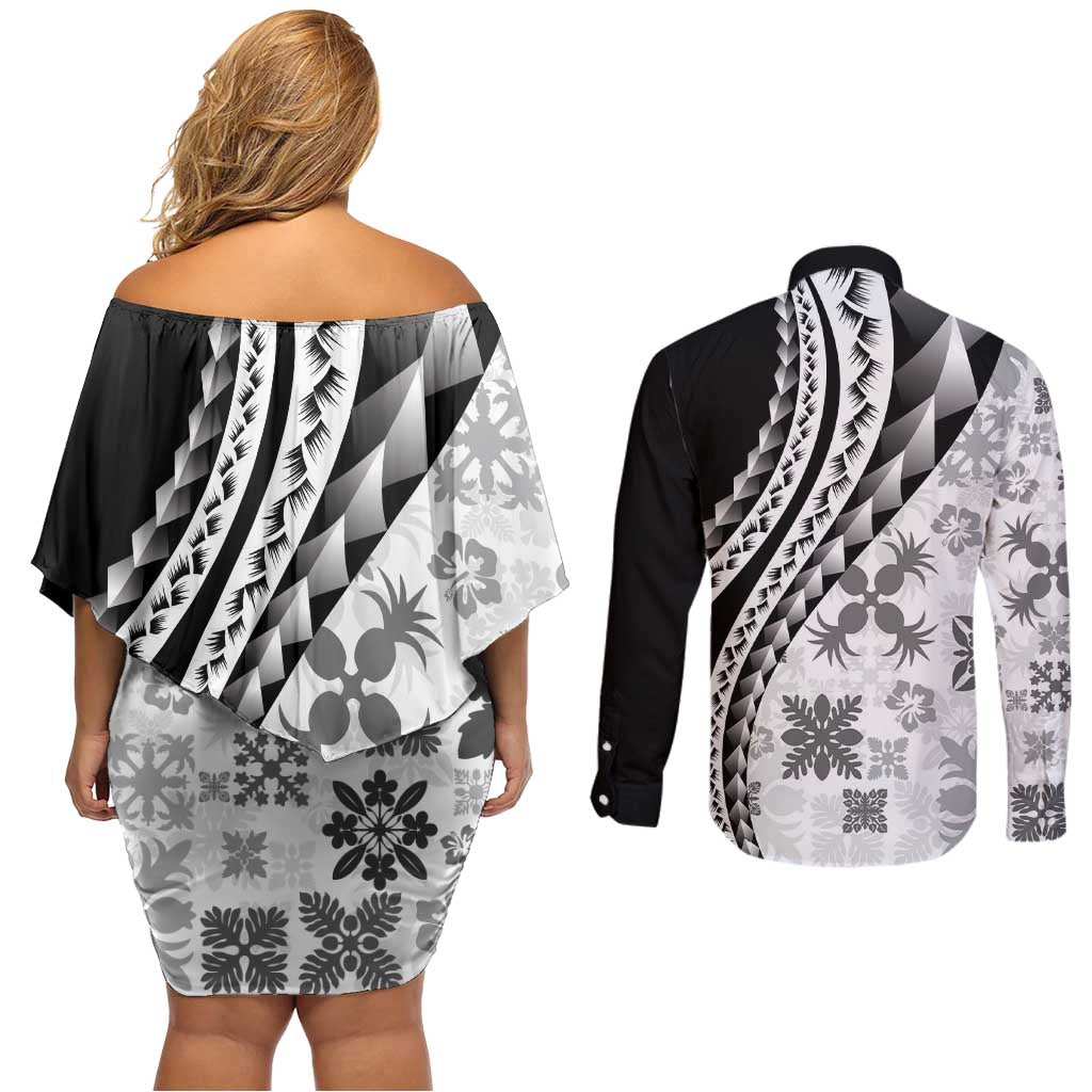 Black Hawaiian Quilt Pattern Couples Matching Off Shoulder Short Dress and Long Sleeve Button Shirt Mixed Polynesian Tribal Arty
