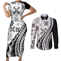 Black Hawaiian Quilt Pattern Couples Matching Short Sleeve Bodycon Dress and Long Sleeve Button Shirt Mixed Polynesian Tribal Arty