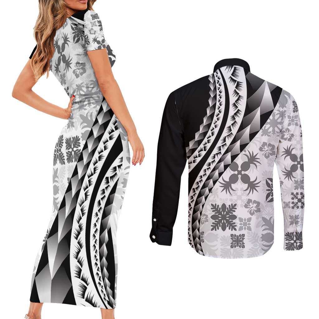 Black Hawaiian Quilt Pattern Couples Matching Short Sleeve Bodycon Dress and Long Sleeve Button Shirt Mixed Polynesian Tribal Arty