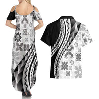 Black Hawaiian Quilt Pattern Couples Matching Summer Maxi Dress and Hawaiian Shirt Mixed Polynesian Tribal Arty