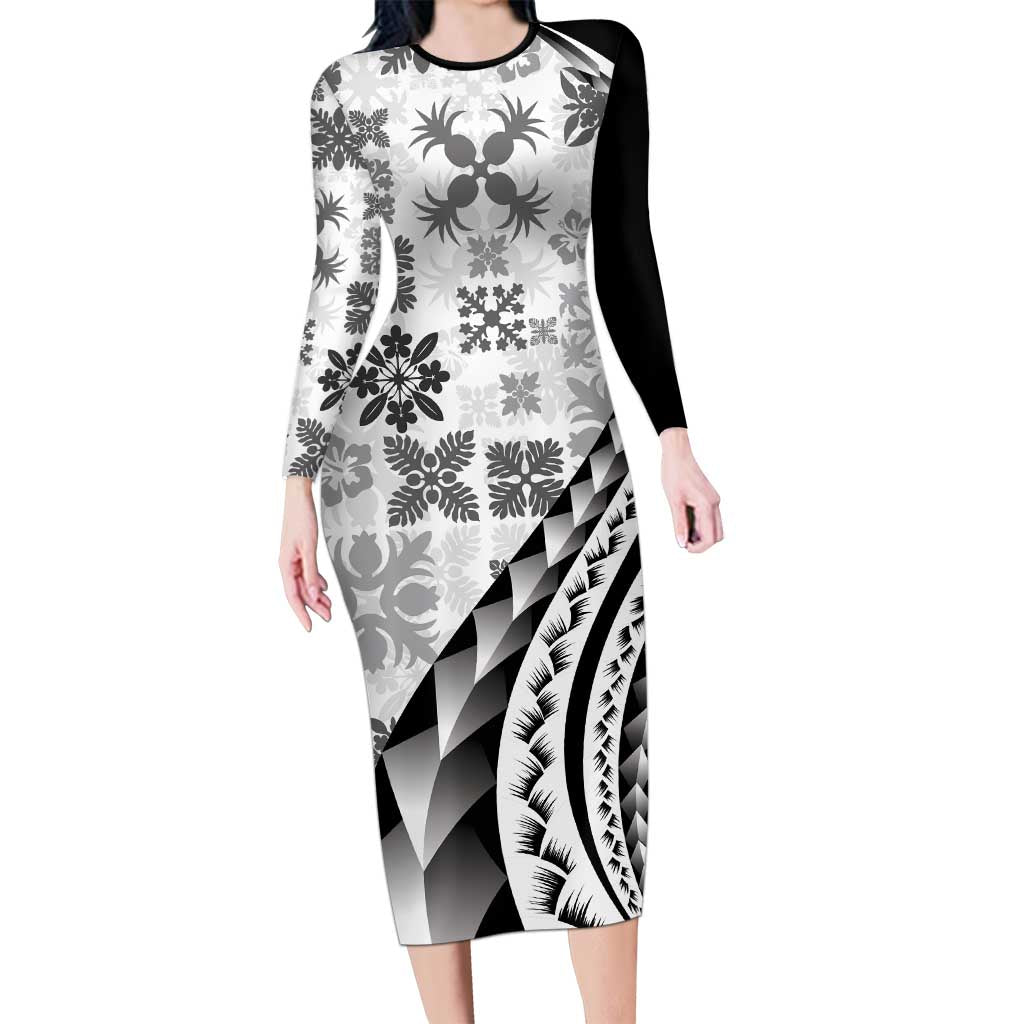 Black Hawaiian Quilt Pattern Family Matching Long Sleeve Bodycon Dress and Hawaiian Shirt Mixed Polynesian Tribal Arty LT9 Mom's Dress Black - Polynesian Pride