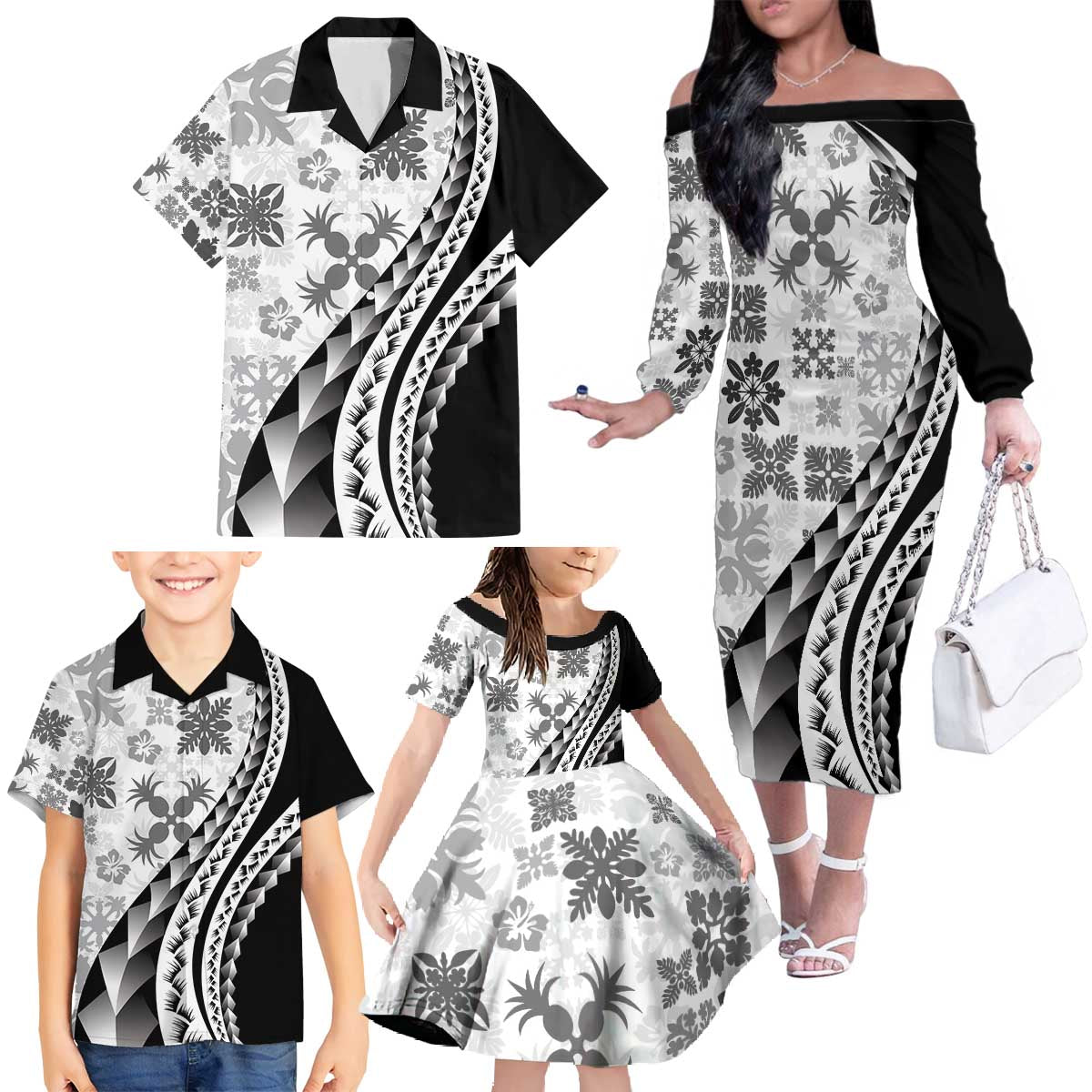 Black Hawaiian Quilt Pattern Family Matching Off The Shoulder Long Sleeve Dress and Hawaiian Shirt Mixed Polynesian Tribal Arty
