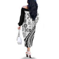 Black Hawaiian Quilt Pattern Family Matching Off The Shoulder Long Sleeve Dress and Hawaiian Shirt Mixed Polynesian Tribal Arty